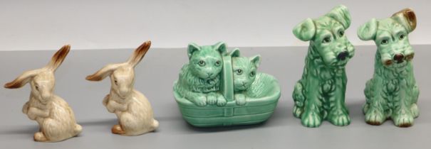 Sylvac ceramic figures: two terrier figures #1378, two cats in a basket #1296, and two lop eared