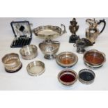 Quantity of silver plate incl. bottle coasters; and a reproduction art nouveau resin bust of a