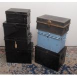 C20th japanned deed box W42cm and six other similar smaller boxes (7)