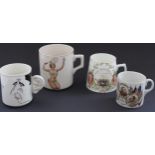 1950s pottery tennis mug, Preston Guild 1922 commemorative cup, 1918 WWI commemorative cup and a