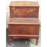 C19th mahogany step commode with panelled sides and two hinged leather inset treads, on turned