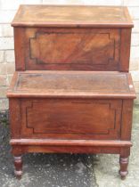 C19th mahogany step commode with panelled sides and two hinged leather inset treads, on turned