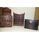 Continental wooden inlaid spice cupboard, a South East Asian painted small cabinet and a Japanese