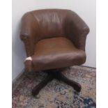 C20th brown leather upholstered office chair on later swivel base (A/F)