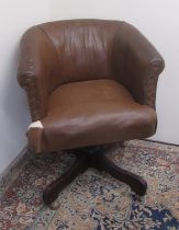 C20th brown leather upholstered office chair on later swivel base (A/F)
