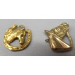 Two 9ct gold horse head charms, stamped 375 and 9ct, 1.9g, and a collection of silver jewellery