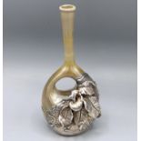 Art Nouveau style art glass posy vase, probably French, applied stylised silver plated leaf
