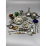 Collection of white metal and EPNS items, including a wine funnel