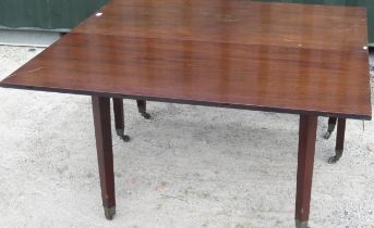 Large George 111 style mahogany gateleg dining table with two drop leaves, on square supports with