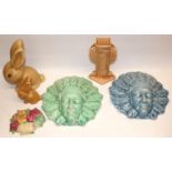 Burleigh Ware B&L Ltd ceramics: two native American wall masks, both H30cm, and an Art Deco vase,
