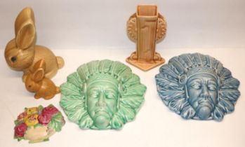 Burleigh Ware B&L Ltd ceramics: two native American wall masks, both H30cm, and an Art Deco vase,