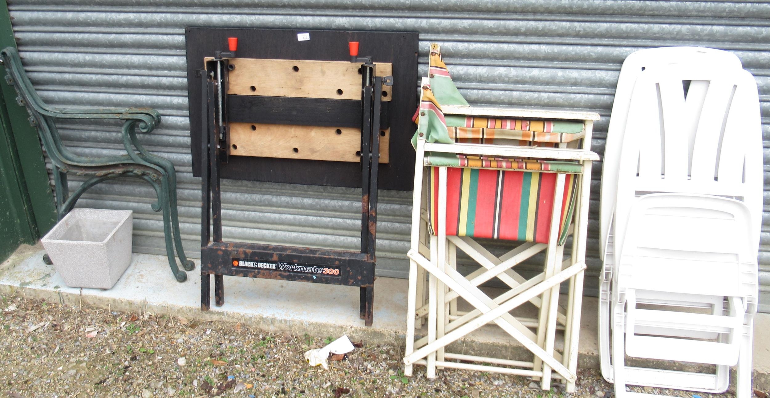 Pair of 1960's painted pine folding picnic chairs, pair of painted bench ends, two folding patio