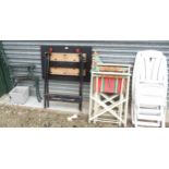 Pair of 1960's painted pine folding picnic chairs, pair of painted bench ends, two folding patio