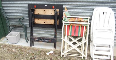 Pair of 1960's painted pine folding picnic chairs, pair of painted bench ends, two folding patio