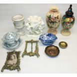 Group of ceramics and glass, incl. white glazed porcelain centrepiece vase modelled as three putti