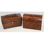 Two C19th tea caddies: burr wood two-division tea caddy with domed lid, L23cm; and a rosewood