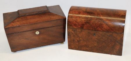 Two C19th tea caddies: burr wood two-division tea caddy with domed lid, L23cm; and a rosewood