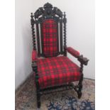 Charles II style ebonised armchair, with gryphon carved back, brass nail tartan upholstered back,