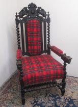 Charles II style ebonised armchair, with gryphon carved back, brass nail tartan upholstered back,