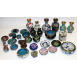 Group of C20th Chinese cloisonne items, incl. boxes, vases, dishes, napkin rings; and two C20th