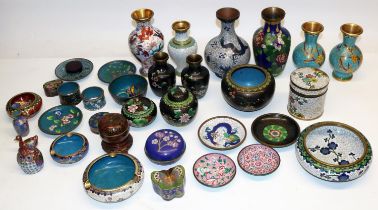 Group of C20th Chinese cloisonne items, incl. boxes, vases, dishes, napkin rings; and two C20th