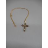 9ct yellow gold cross pendant set with coloured stones, on 9ct yellow gold chain, L46cm, stamped