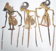 Three vintage Javanese Wayang Kulit buffalo leather articulated shadow puppets