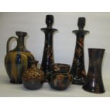 Pair of large Dutch majolica drip glaze candlesticks, H37cm, continental pottery majolica jug and