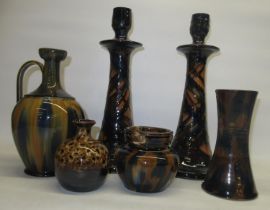 Pair of large Dutch majolica drip glaze candlesticks, H37cm, continental pottery majolica jug and