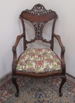 Edwardian inlaid and boxwood strung open armchair, with pierced back and splat with brass nail