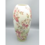 Moorcroft Pottery: Spring Blossom pattern vase, tube lined with pink flowers on graduated green