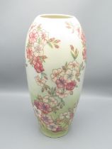 Moorcroft Pottery: Spring Blossom pattern vase, tube lined with pink flowers on graduated green