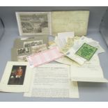 Collection of ephemera inc. Agreement of Right of Publication between Author and Publishers for