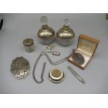 Pair of hallmarked Sterling silver and cut glass round scent bottles, marks worn, a collection of