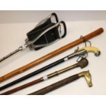 Aluminium and plated shooting stick and four other walking sticks (5)