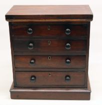 C19th miniature mahogany chest or specimen cabinet, four graduated baize lined drawers, H34cm