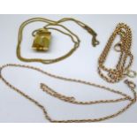 Yellow metal belcher chain necklace, no visible hallmark, L52cm, another unmarked yellow metal chain