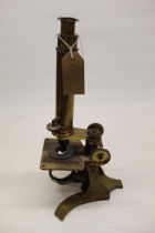 C19th lacquered brass microscope on triform base, no visible maker, H37cm