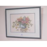 Two cross stitch still life studies of flowers, 33cm x 35cm (2)