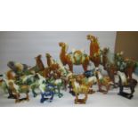 Large collection of C20th Chinese sancai glaze Tang style horse and camel figurines, max H36cm