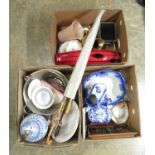 Miscellaneous collection items inc. modern blue and white lamp, silver plated travel shaving