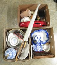 Miscellaneous collection items inc. modern blue and white lamp, silver plated travel shaving