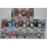 Fifteen boxed Funko Pop figurines to include Marvel Fantastic Four, Spiderman, Aquaman, Marvel