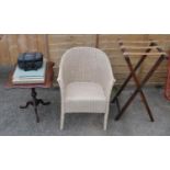 Lloyd Loom style chair, a side table, a folding hotel luggage rack, a Bodi-Tek Sports Elite personal