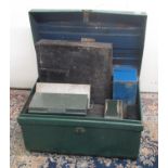 C20th pressed metal cabin truck W81cm containing a metal cash tin and eight other metal storage
