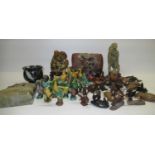 C20th Chinese soapstone carved brush pot and figurines together with a selection of Tang style small