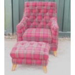 Modern Rodgers of York Selkirk arm chair and matching stool, upholstered in Orkney Claret check