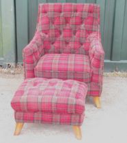 Modern Rodgers of York Selkirk arm chair and matching stool, upholstered in Orkney Claret check