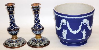 Large Wedgwood dark blue jasperware jardiniere, H21cm; and a pair of Doulton Lambeth candlesticks