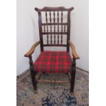 C19th ash and elm elbow chair, with bobbin turned back and tartan upholstered seat on turned